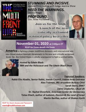 EB Show special event: Multifront War Launch. Includes photos of Kenneth Abramowitz and Edwin Black, and details about the event.