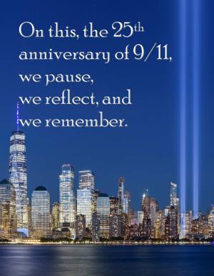 Remembering 9/11, with Tribute in Light photo from 2020 showing Lower Manhattan by King of Hears