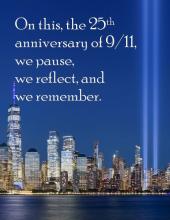 Remembering 9/11, with Tribute in Light photo from 2020 showing Lower Manhattan by King of Hears